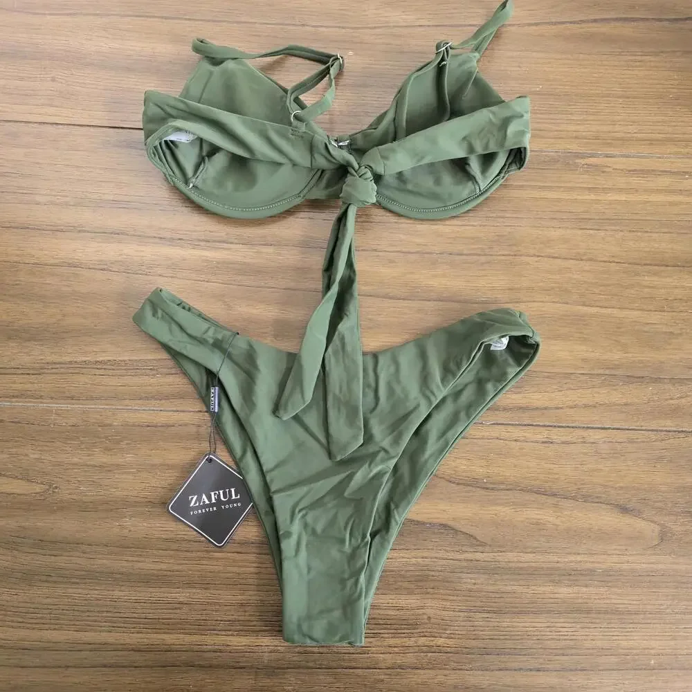 Zaful Twist Front Bikini Sets Underwire Tie Back Bikini High Waisted Women's 6